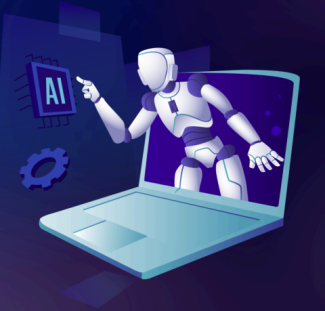 Robot popping out of a laptop screen, pointing at a logo that says "AI"