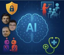 Graphic of AI with symbols for healthcare, security, multi-agent systems, and education with Perdesci, Doshi, and Liu at the bottom