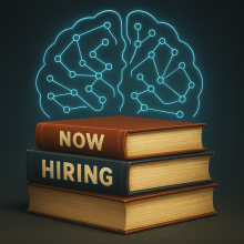 Books with the title "Now Hiring" in front of a neural-net brain image