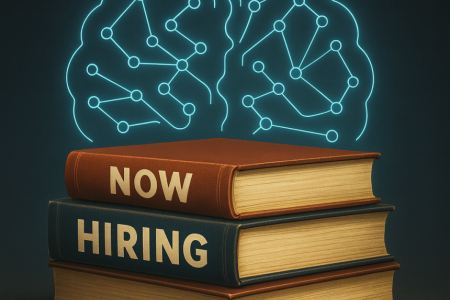 Books with the title "Now Hiring" in front of a neural-net brain image