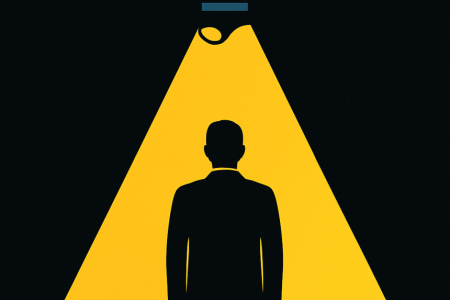 Spotlight on a figure in front of a crowd