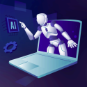 Robot popping out of a laptop screen, pointing at a logo that says "AI"